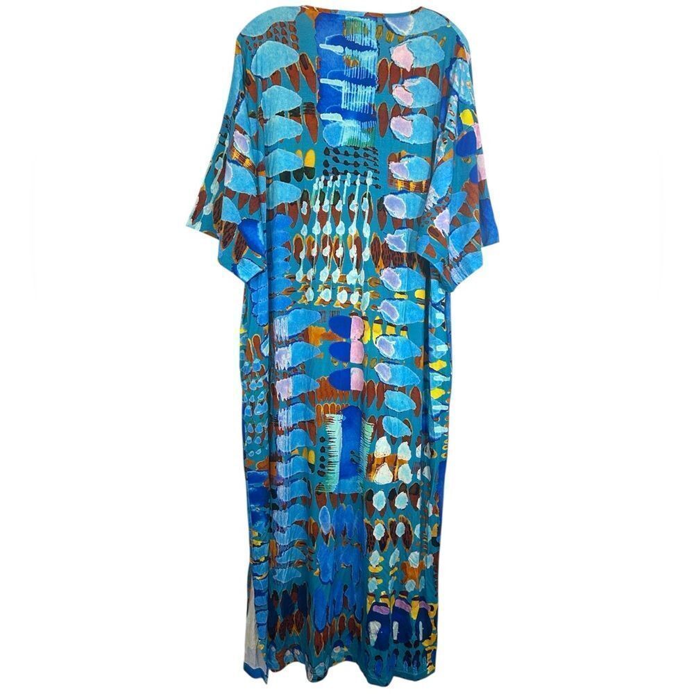 David Nieper Ladies Maxi Dressing Gown XL BLUE Floral Kaftan Lounge Graphic - Picture 8 of 12